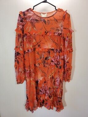 Fuzzi By Jean-Paul Gauthier Floral Ruffle Long-Sleeve Dress in Salmon Orange -xs